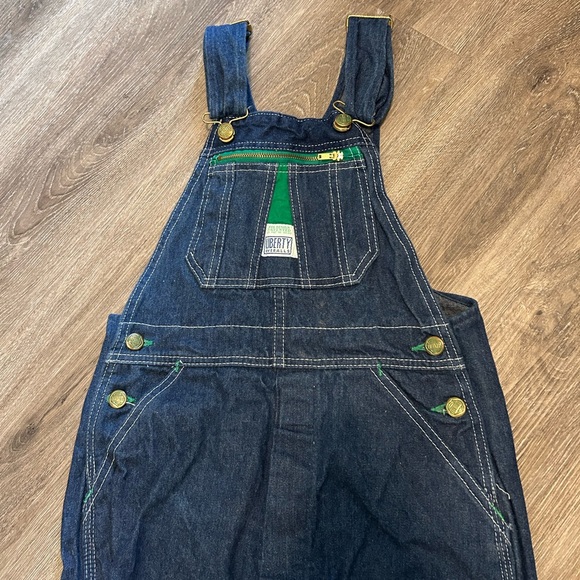 Liberty Bib Overalls Youth 16 Regular Blue Denim Adjustable Straps Green Trim - Picture 5 of 15